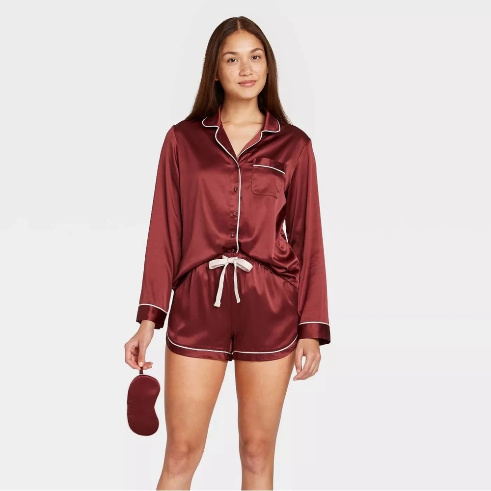 Target Stars Above Satin Pajama Set Burgundy Wine Light Pink Piping
